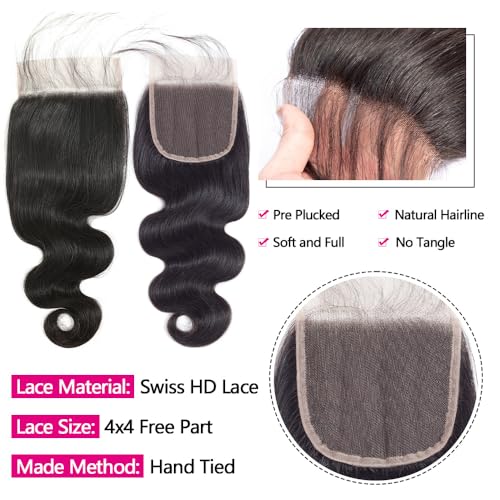 12A Human Hair Bundles with Closure 16 18 20 with 14 Inch Brazilian Body Wave 3 Bundles Human Hair with 4x4 HD Lace Closure 100% Unprocessed Virgin Human Hair Weave