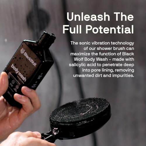 Black Wolf Silicone Body Scrubber & Exfoliator - Vibrating Loofah Shower Scrubber Brush with Handle Extension for Back - Deep Cleaning & Exfoliating Body Scrub - Bath Hygiene Essentials - Men & Women