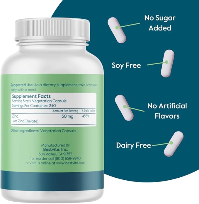 BESTVITE Zinc Chelate 50mg (240 Vegetarian Capsules) - No Stearates - No Dicalcium Phosphate - Vegan - Non GMO - Gluten Free