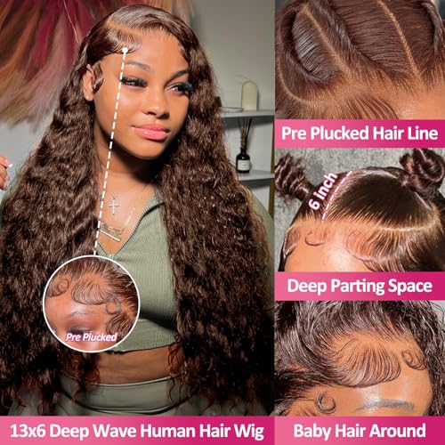 30 Inch Chocolate Brown Deep Wave Lace Front Wigs Human Hair 200 Density 13x6 HD Lace Frontal Wigs Curly Human Hair Brown Glueless Wig For Women Pre Plucked with Natural Hairline