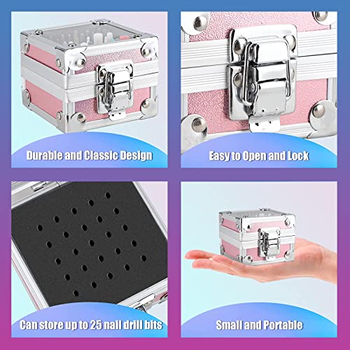 25Pcs Nail Drill Bits Set: 3/32 Tungsten Carbide Ceramic Diamond Cuticle Safety Professional Drill Bits Nail Tech with Pink Holder Case & 50Pcs Sanding Bands for acrylic gel Remover Manicure Pedicure