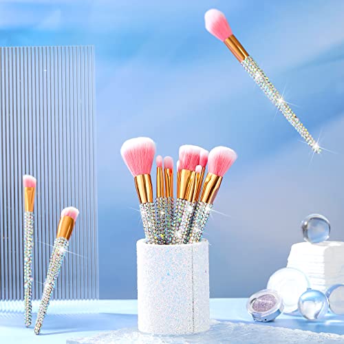 13 Pieces Rhinestone Makeup Brushes Set Bling Crystal Professional Face Cosmetics Blending Liquid Foundation Powder Concealer Eye Shadows Make up Beauty Tool Glitter with Holder (Silver)