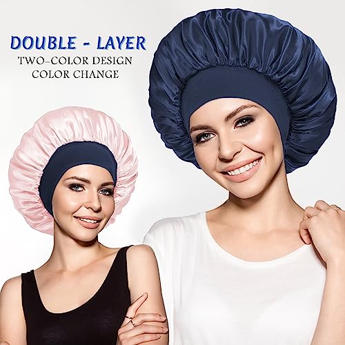 2pcs Double Layer Two-Color Satin Silk Hair Bonnet for Sleeping Women, Reversible Sleep Bonnets for Women, Wide Band Sleep Cap for Curly Hair Braids