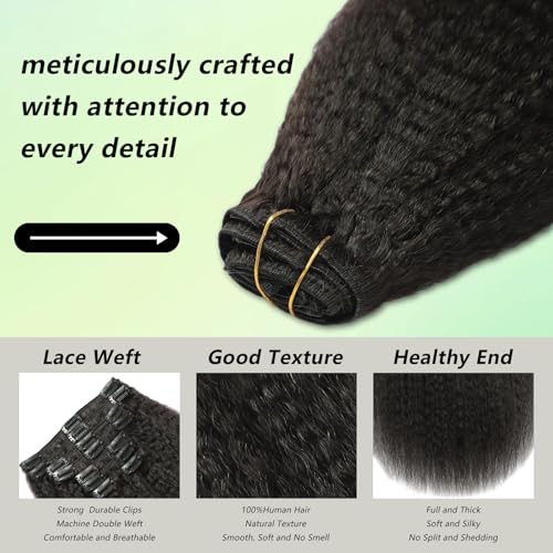 20 Inch Clip In Hair Extensions Real Human Hair Yaki Straight Clip Ins Hair Extensions For Women Invisible & Scalp-Friendly Kinky Straight Human Hair Clip In Extensions 120g 8pcs Natural Black