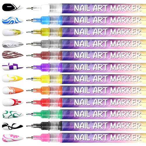12 Colors Nail Art Pens Set 3D Nail Polish Pens Graffiti Dotting Pen Acrylic Paint Pens Point Liner Pen Drawing Painting for Nails Art Design Manicure Nail DIY Decoration