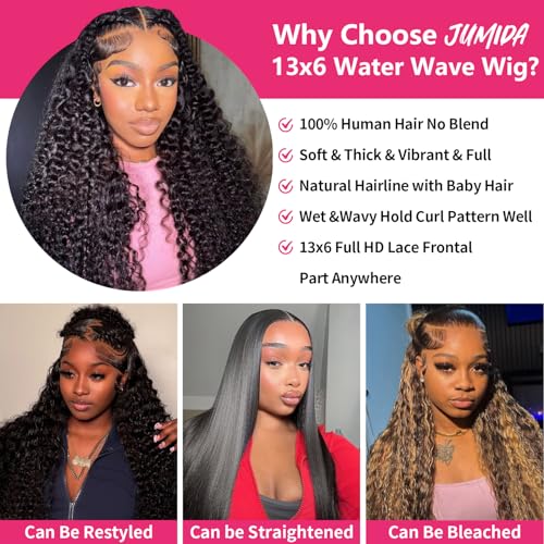 30 Inch 13x6 Lace Front Wigs Human Hair Water Wave 200 Density 13x6 HD Full Lace Frontal Wigs Pre Plucked Wet and Wavy Glueless Deep Curly Human Hair Wigs for Women Natural Black