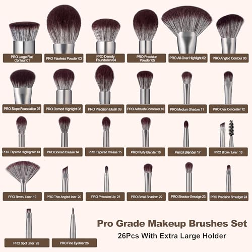 Bueart Design 26 Pcs Chocolate-colored Gift Makeup Brushes Set with Extra Large Holder,Elegant Make up Brushes for Foundation,Face Blending Powder, Contour, Highlight, Concealer, Eyeshadow