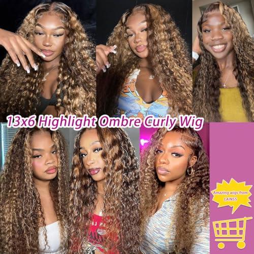 13x6 Highlight Deep Wave Lace Front Wigs Human Hair 210% Density Deep Curly Human Hair Wig Pre Plucked 28inch P4/27 Ombre HD Lace Frontal Wigs for Women