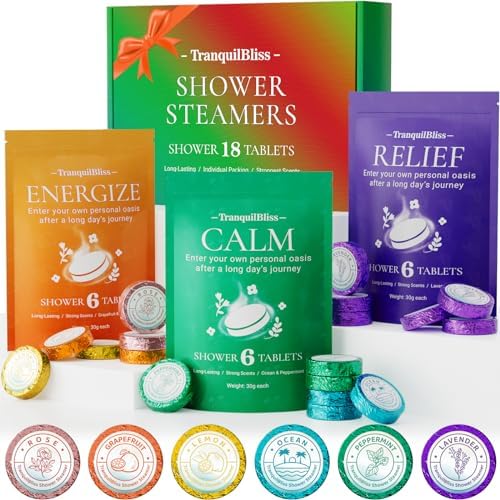 18 Pack Shower Steamers with 6 Smoothing Long-Lasting Scents, Shower Bath Bombs with Natural Fragrance, Self-Care and Relaxation Presents for Women and Men