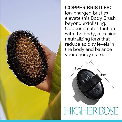 HigherDOSE Supercharge Body Brush Exfoliator - Lymphatic Drainage Dry Brush to Accelerate Drainage of Toxins & Fat with Ion-Charged Copper Bristles - Helps to Reduce Cellulite & Soften Skin