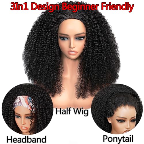 Half Wig Human Hair 200 Density Kinky Curly Half Wig 3 In 1 Seamless Flip Over Glueless Wigs Human Hair with Drawstring Beginner Friendly Curly Wig Headband Wig for Women Daily Wear 20 Inch