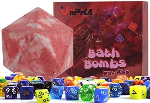 Huge D20 Bath Bombs with Full Surprise Set of Polyhedral Dice Inside, D&D Inspired Dragon Blood Bath Bomb 11oz with Gift Box - Perfect for Dungeon Master, Player and Tabletop RPG Nerd
