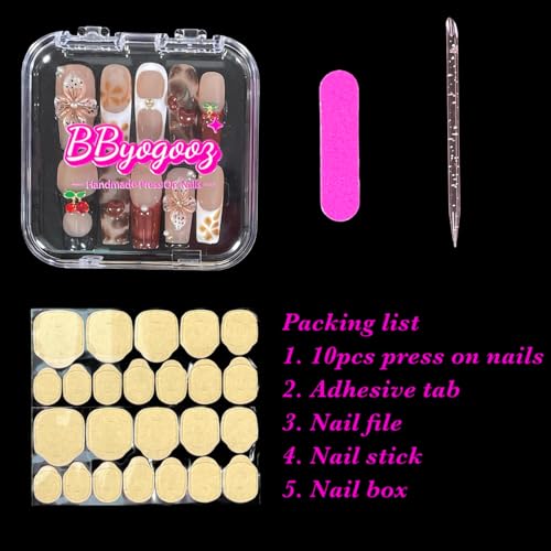 Handmade Press On Nails Square 3D Floral Cherry Blossom Leopard French Fake Nails wtih Design, Reusable Acrylic False Nails Gift Set (Cherry, S)