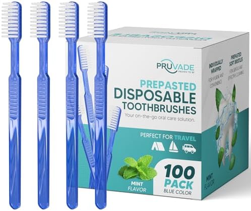 100 Pack Disposable Toothbrushes with Toothpaste Built In | Mint Prepasted Toothbrushes Individually Wrapped - Blue Single Use Waterless Toothbrush with Soft Bristles for Work, Camping, Travel