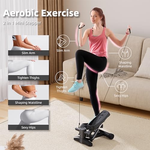 Black Stair Stepper for Exercises, Portable Mini Steppers with Resistance Band, 330LB Weight Capacity, Non-Slip Mat, LCD Calories Display, Aerobic Fitness Stepper for Home Workout