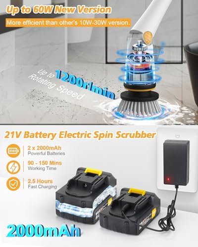 4000mAh Battery Electric Spin Scrubber, 1200 RPM Power Electric Scrubber for Cleaning,3 Speed Adjustable Handle Cordless Shower Cleaning Brush.