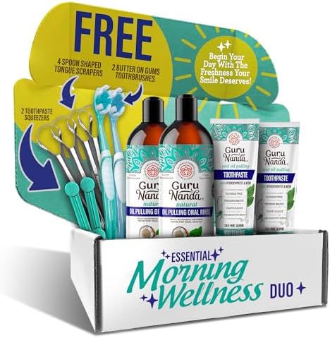 GuruNanda Essential Morning Wellness Duo – Coconut Oil Pulling Mouthwash & Hydroxyapatite Toothpaste – Helps Promotes Fresh Breath & Happy Gums, Fluoride-Free