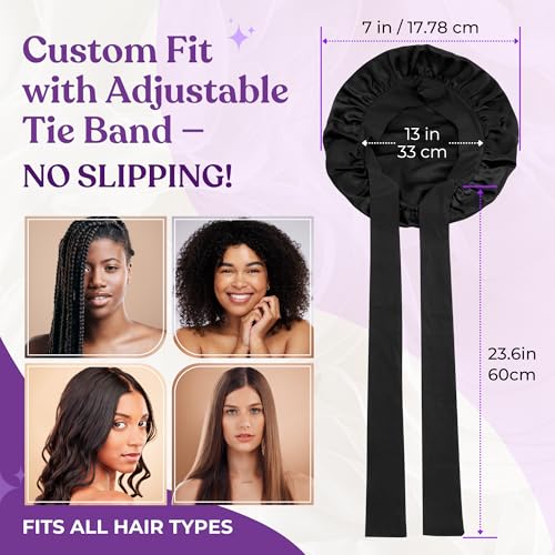 100% Mulberry Silk Bonnet for Sleeping Women – Double-Layered 22 Momme Silk Hair Wrap – Adjustable Non-Slip Tie – Reduces Frizz & Preserves Style – Gift Boxed, HQTS-Certified (Black)