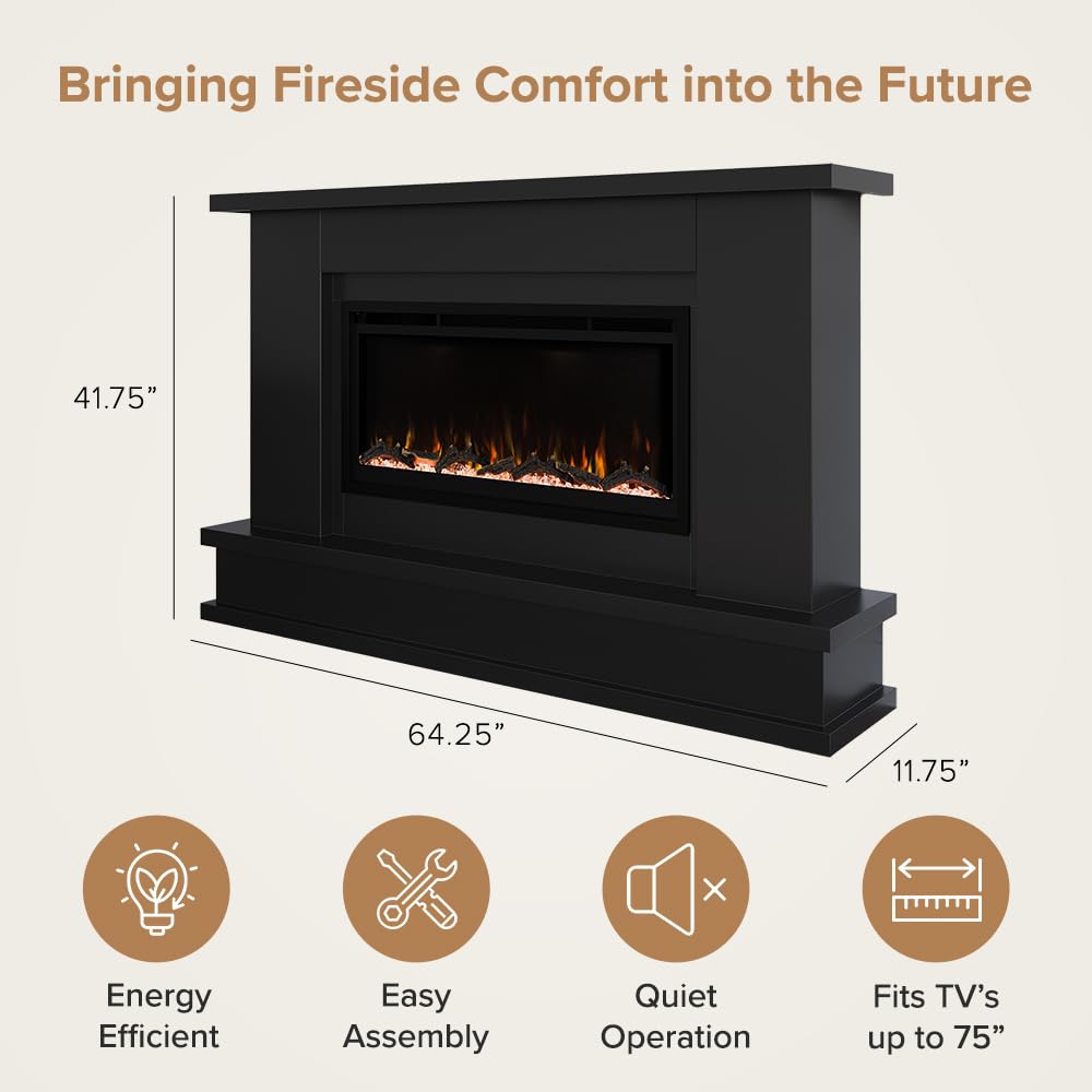 Modern Ember Patton Black Mantel Package 64" W x 42" H with 42 Inch Electric Fireplace - 5 Flame Colors, 10 Ember Bed Colors, Log Kit & Crystal Embers | Alexa/WiFi Enabled
