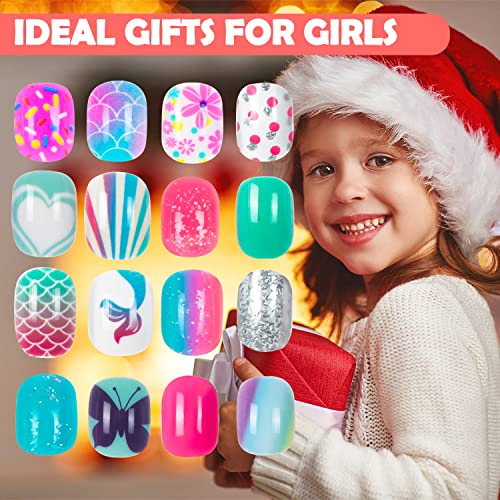 240 Pieces Fake Nails for Kids Girls Artificial Kids Press on Nails Full Cover Short Acrylic Stick On Nails False Nail Tips Kit for Children Little Girls Nail Art Decoration