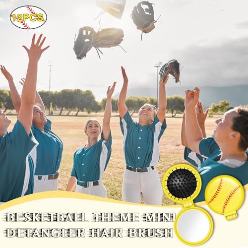12 Pcs Softball Mini Detangler Brush, Folding Mirror Hair Brushes, Mini Travel Hair Brush, No Tangle Soft Flexible Bristles for Straight, Curly, Thick Hair for Softball Team Gift Sport Party