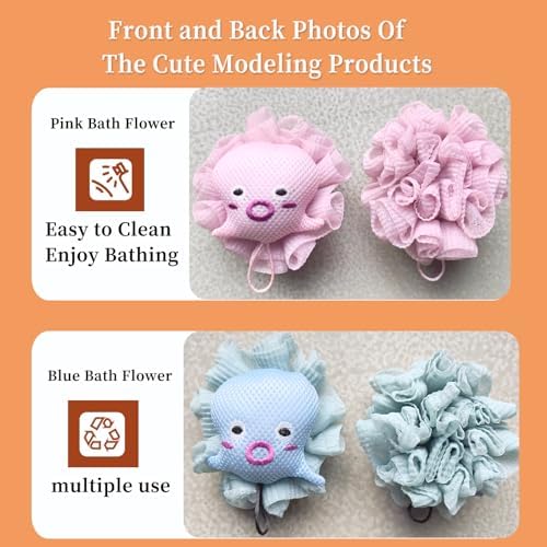 2Pack Kids Bath Loofah Sponge, Cute Cartoon Octopus Shape Baby Toddler Shower Exfoliating Body Scrubber Mesh Loofa Sponge for Boys and Girls