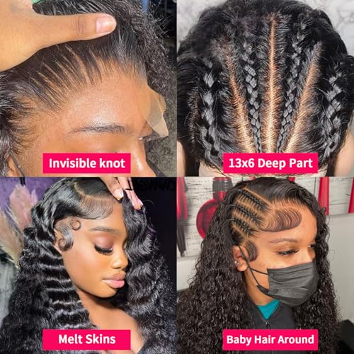 13x6 Deep Wave Lace Front Wigs Human Hair 200 Density HD Transparent Deep Curly Lace Front Wig Human Hair Lace Frontal Wigs for Women Pre Plucked Natural Black (Black, 26 inch)
