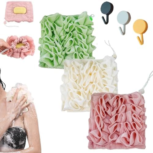 2 in 1 Loofah, 2 in 1 Loofah Sponge Washcloth, Washcloth Loofahs Combo with Drawstring and Hook, Exfoliation Mesh Shower Puff Ball for Body Wash Cleansing and Smooth Skin (3Pcs-A)