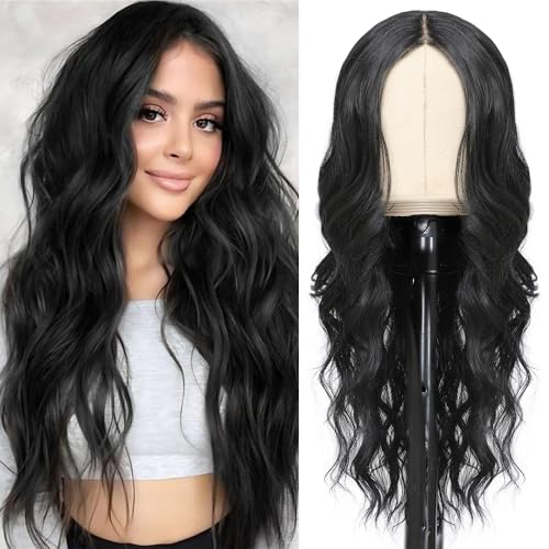Black Wig for Women 26 Inch Pre Cut Hand-Tied Lace Long Wavy Natural Hairline Middle Part Hair Replacement Wigs for Women Beginners Natural Synthetic Wig for Daily Party 3 Seconds to Wear