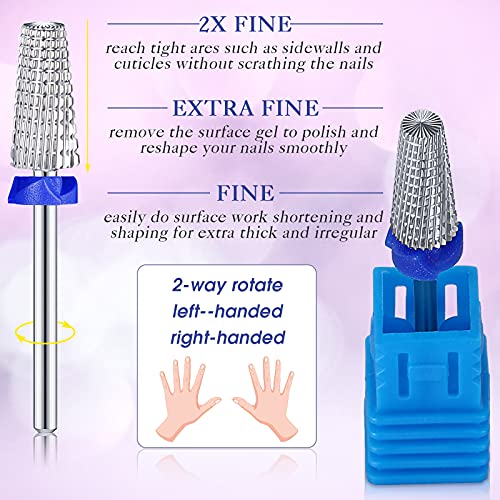 Honoson 3 Pcs Carbide 5 in 1 Nail Drill Bit Set Two Way Rotate Use for Both Left and Right Handed，Xf，F，M 3/32 Inch Drill Nails for Acrylic Nail Gel Fast Remove(Silver)