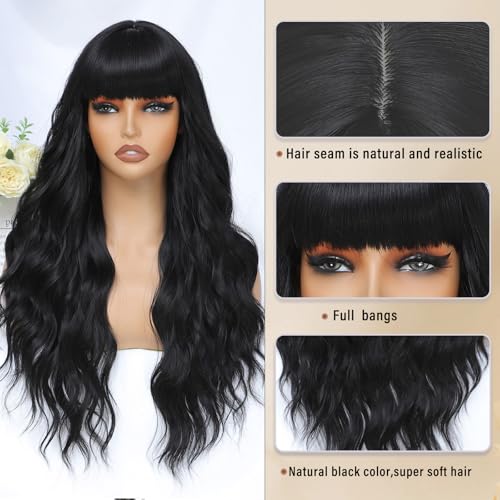 Black Wig with Bangs for Women Long Black Wavy Wigs 26 Inch Natural Black Wigs Natural Looking Heat Resistant Synthetic Wig for Daily Party Use