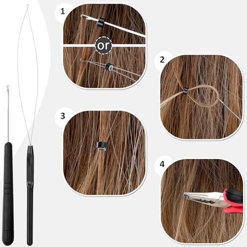 Hair Extension Tools Kit, 2500 Silicone Lined Micro Rings, 1 Plier, 1 Comb, 1 Threader, 1 Crochet Hook, 10 Curved Hair Needle, 5 Metal Hair Clips, 5 Rolls Sewing Threads, 1000 Mini Rubber Bands