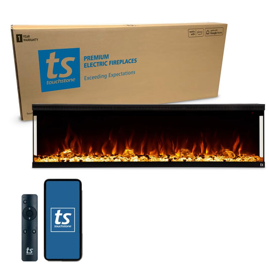 Touchstone Sideline Infinity 3-Sided Smart 72" WiFi-Enabled Electric Fireplace - 80051 - Built-in - 60 Color Combinations - 1,500W Heater- Black - Log & Crystals