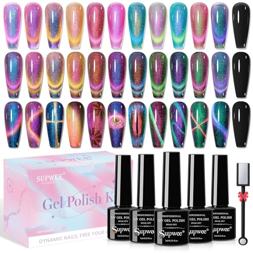 12 Colors Cat Eye Gel Polish with Magnetic Stick, Chameleon Magnetic Gel Polish Kit Trible Colors Effect Galaxy Cateyes Nail Polish Gel Collection Home DIY Manicure for Women Girl