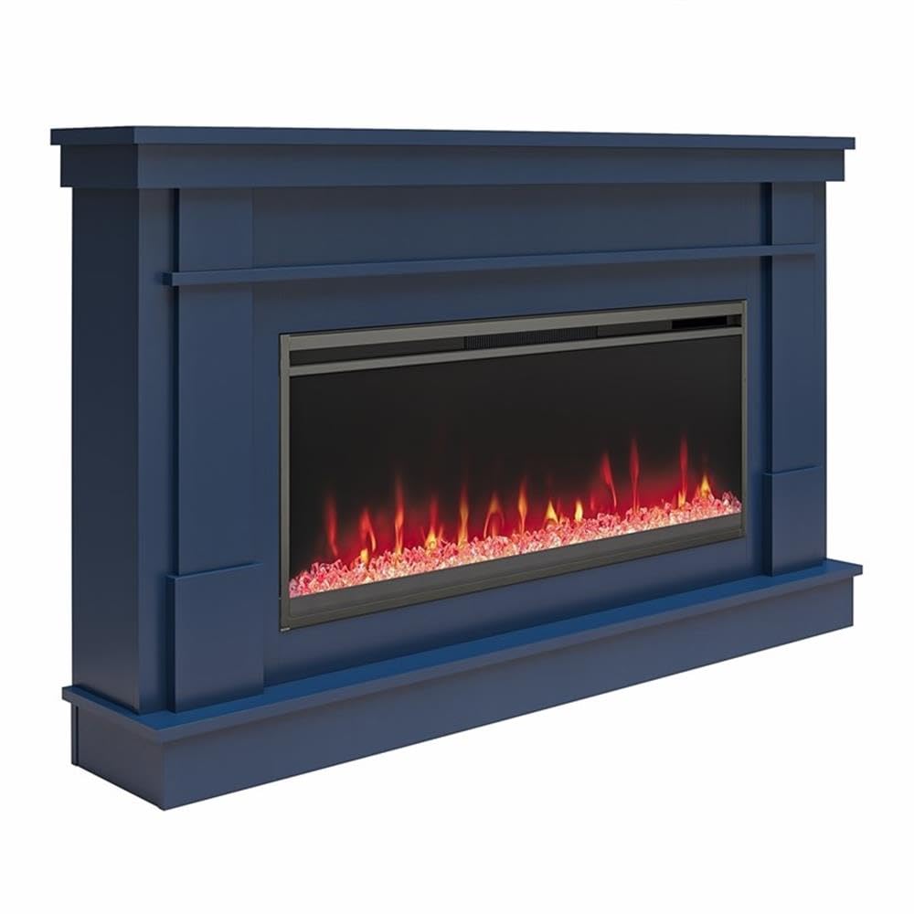 Novogratz Waverly 64 Inch Electric Fireplace with Mantel, Replaceable Fireplace Insert Heater, Remote Control, Timer, Color Changing Crystal Ember Flames, for Living Room or Bedroom, Navy