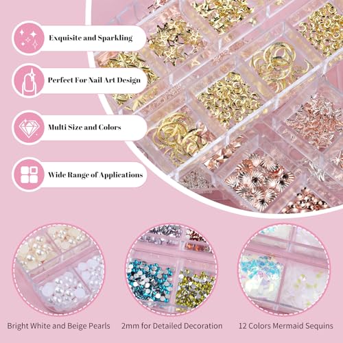 10 Boxes Nail Art Kit - 12 Colors Pointed/Flatback Rhinestones, 3D Gold/Silver/Rose Nail Studs, White Beige Half Pearls, Holographic Glitter & Foils + 3 Tools for DIY Nails & Crafts