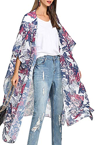 Hibluco Women's Long Floral Kimono Printed Cardigan Sheer Swimsuit Cover Ups