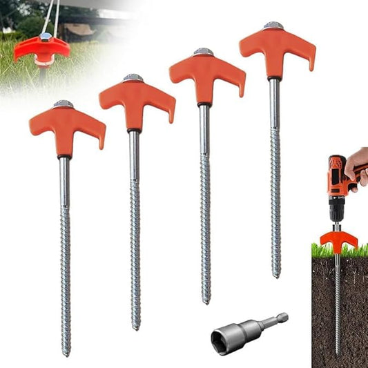 4PCS 8" Screw in Tent Stakes, Tent Stakes Heavy Duty, Ground Anchors Screw in with 1 Hex Head Driver, Metal Threaded Tent Spikes, Tent Pegs Camping Stakes for Outdoor Camping Garden Inflatable