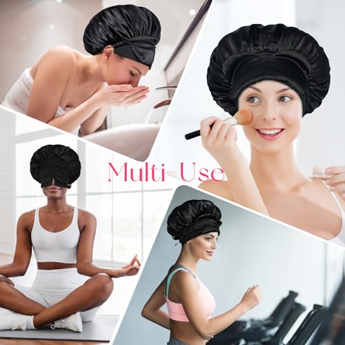 BONNET QUEEN Silk Bonnet for Sleeping Women Satin Bonnet with Eye Mask Non Slip Hair Wrap for Curly Hair Night Sleep Cap Black