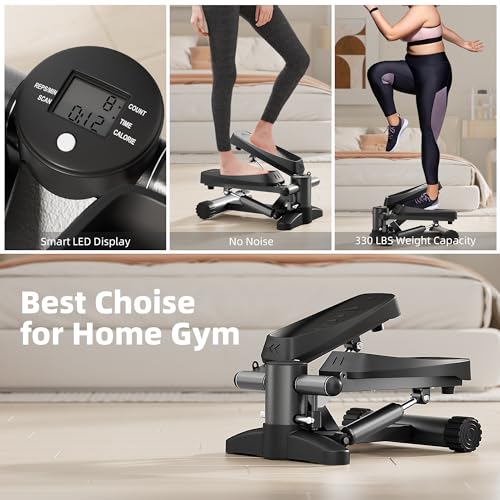Black Stair Stepper for Exercises, Portable Mini Steppers with Resistance Band, 330LB Weight Capacity, Non-Slip Mat, LCD Calories Display, Aerobic Fitness Stepper for Home Workout