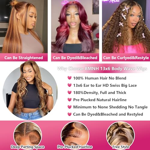 30 Inch 13x6 Lace Front Wigs Human Hair Honey Blonde Body Wave HD Lace Front Wigs 200 Density Ombre Highlight Human Hair Wig Pre Plucked with Baby Hair P4/27 Colored Lace Front Wigs for Women