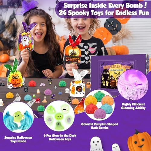 24pcs Halloween Bath Bombs with Toys Inside for Kids Pumpkin Bubble Bath Bombs for Halloween Treats Party Favors with 12pcs Treat Bags