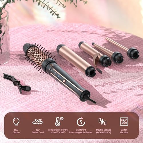 5 in 1 Curling Iron Set-Instant Heat Hair Curling Wand Set with Curling Brush,4 Interchangeable Ceramic Wands (0.35-1.25”) and Heat Protective Glove & 2 Clips for Girls and Women