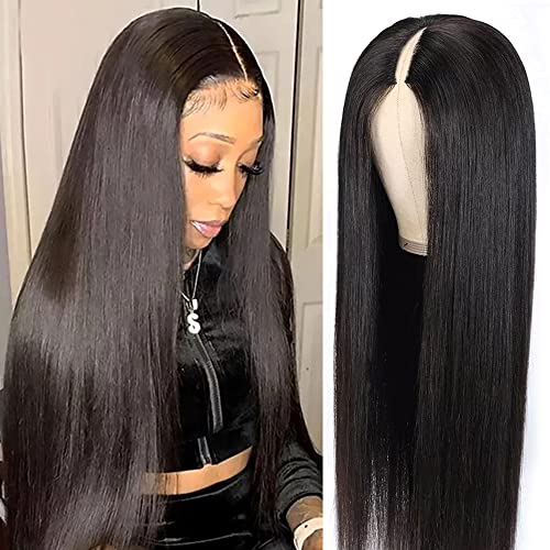 22Inch V Part Wigs Human Hair Straight Brazilian Human Hair Wigs for Black Women Upgrade U Part Wigs No Sew in NO Glue Half Wigs Human Hair 180% Density Natural Color