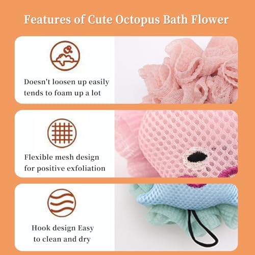 2Pack Kids Bath Loofah Sponge, Cute Cartoon Octopus Shape Baby Toddler Shower Exfoliating Body Scrubber Mesh Loofa Sponge for Boys and Girls