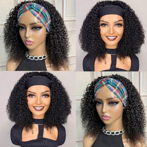 Headband Wig Human Hair Kinky Curly Headband Wigs for Black Women Human Hair Headband Wig Curly Human Hair Wigs Brazilian Virgin Hair Wear and Go Glueless Wig Natural Color 150% Density 14 Inch