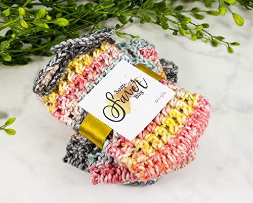 Grey Pink Yellow Blue Multi Color Crochet Soap Saver Bag - Soap Savers For Bar Soap Pouch - 3 Pack Set - Cotton Soap Sack with Drawstring