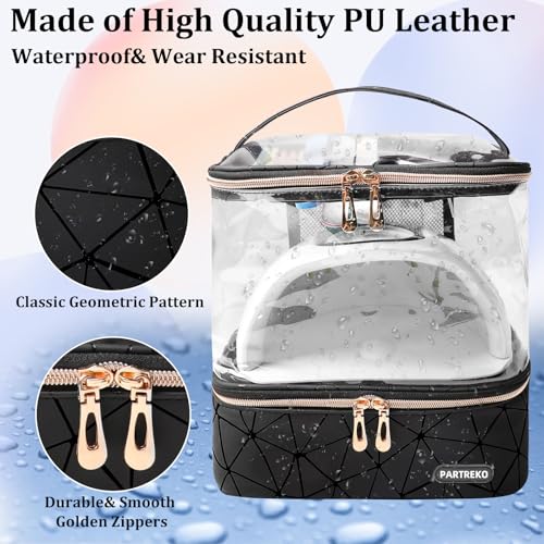 Clear Nail Polish Organizer Holds 30 Bottles (15ml/0.5fl.oz)& Nail Lamp, Double Layer Nail Supplies Organizer Case Transplant, PU Leather Nail kit Storage Bag for Manicure Tools (Black)