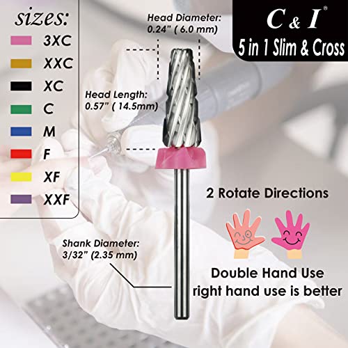 C & I 5 in 1 Nail Drill Bit, Cross & Slim Edition, Professional Nail Drills for Electric Manicure Drill Machine (Double Fine -XXF)