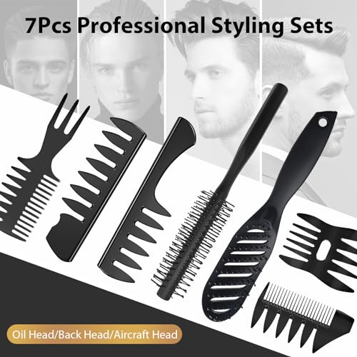 Hair Brush for Men, DUAIU 7Pcs Combs for Men, Hair Styling Comb Set with Vent Hair Brush, Quiff Round Hair Brush, Wide Tooth Comb, Texture Comb for Blow Drying, Detangling, Grooming, Hairdressing